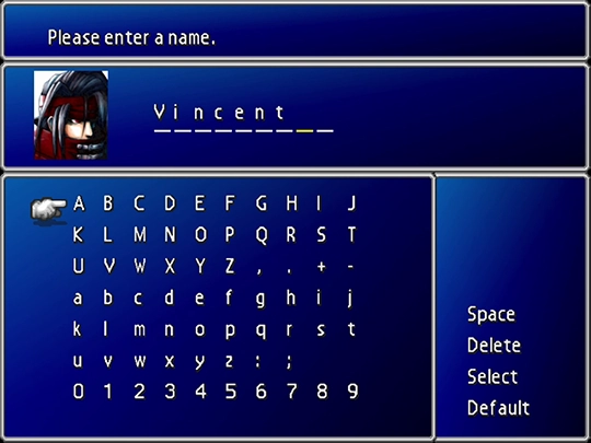 Vincent Naming Screen