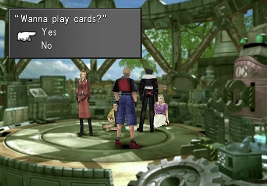 Speaking to Mayor Dobe’s wife, Flo, and challenging her to Triple Triad in Fishermans Horizon