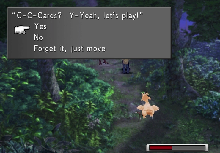 Challening Chocoboy to a game of cards in the Chocobo Forest of Solitude to get him to move