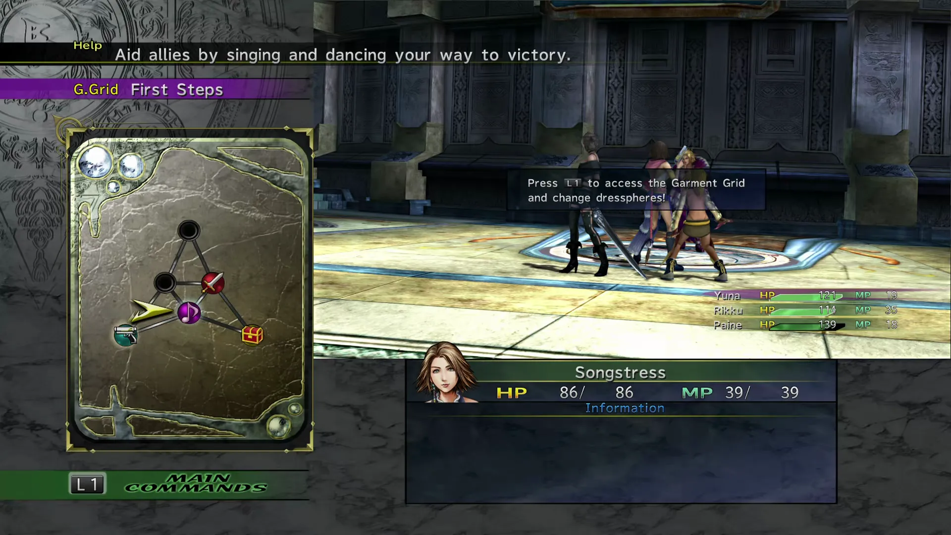 Selecting the Songstress Dressphere on the First Steps Garment Grid during the opening battles