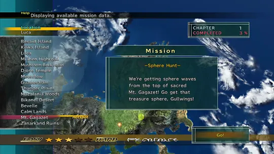 The mission select screen showing the completed percentage for the chapter