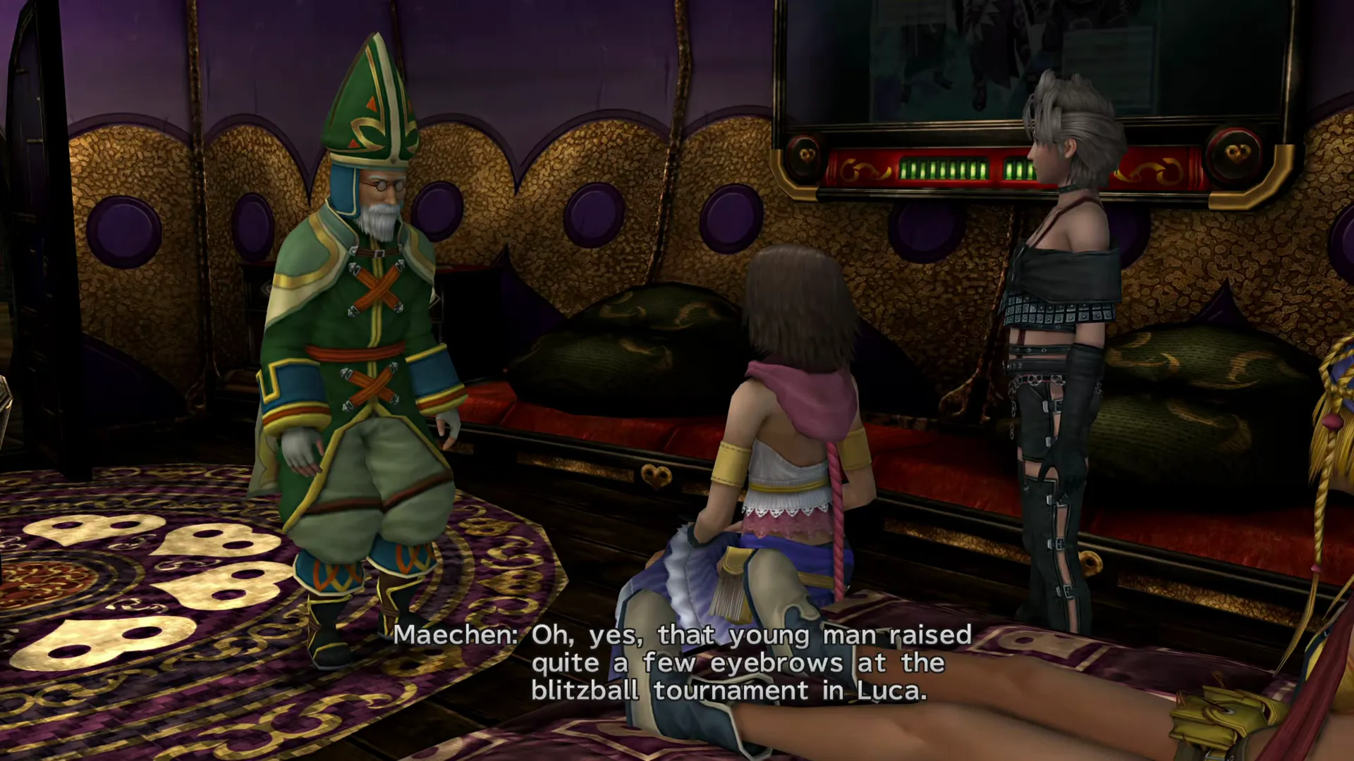 Yuna speaking with Maechen in Chateau Leblanc during one of the missible scenes