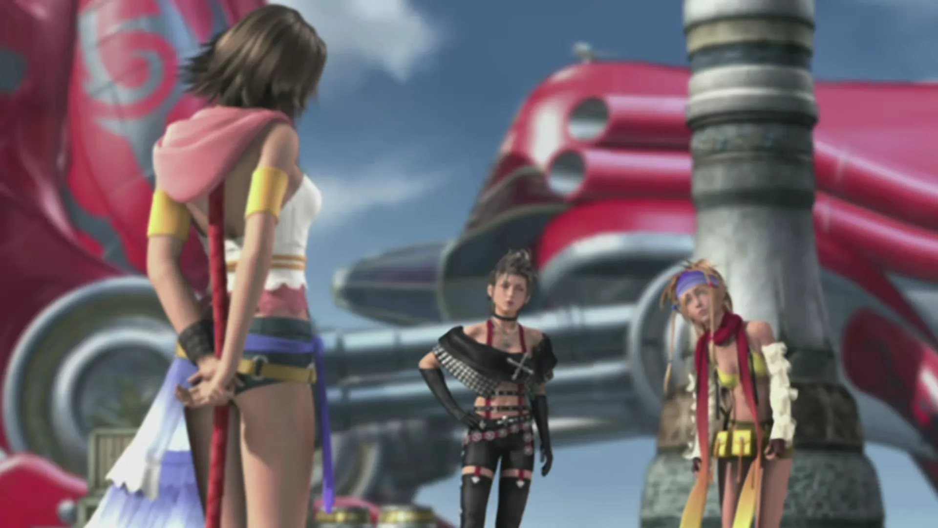 Yuna, Paine, and Rikku talking during the ending cinematic