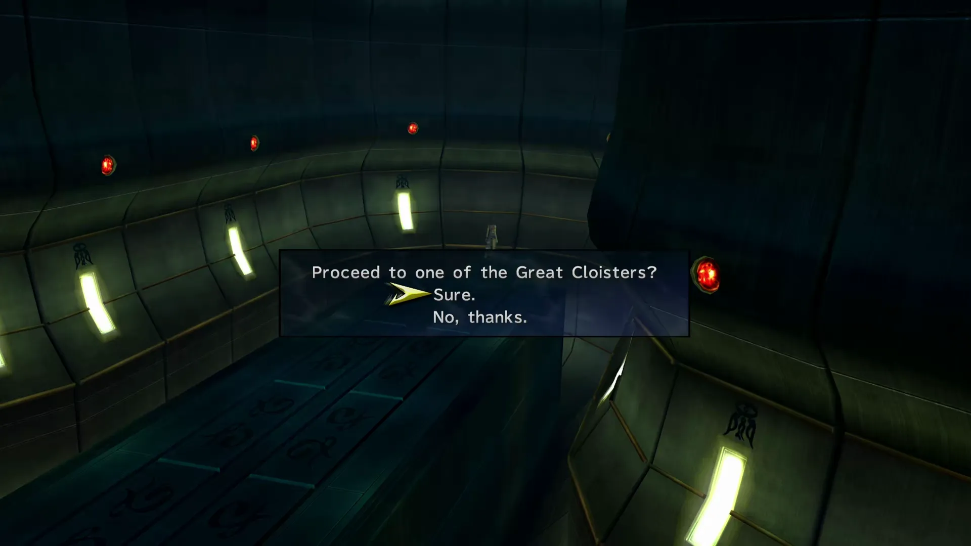 Using the teleporter to proceed to the Great Cloisters