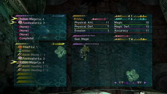 Selecting Dresspheres and Abilities in the menu screen