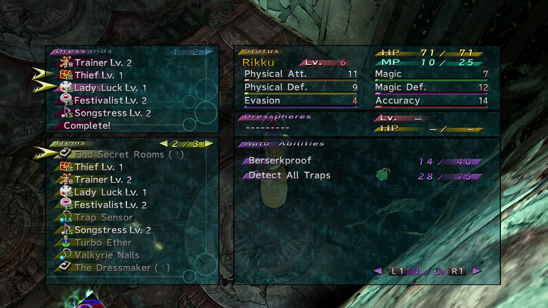 Screen showing the Dressphere, Items, Status, and Auto-Abilities submenus