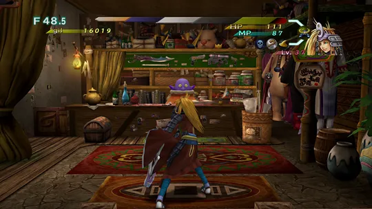 Rikku approaching a shop between two of the tower floors