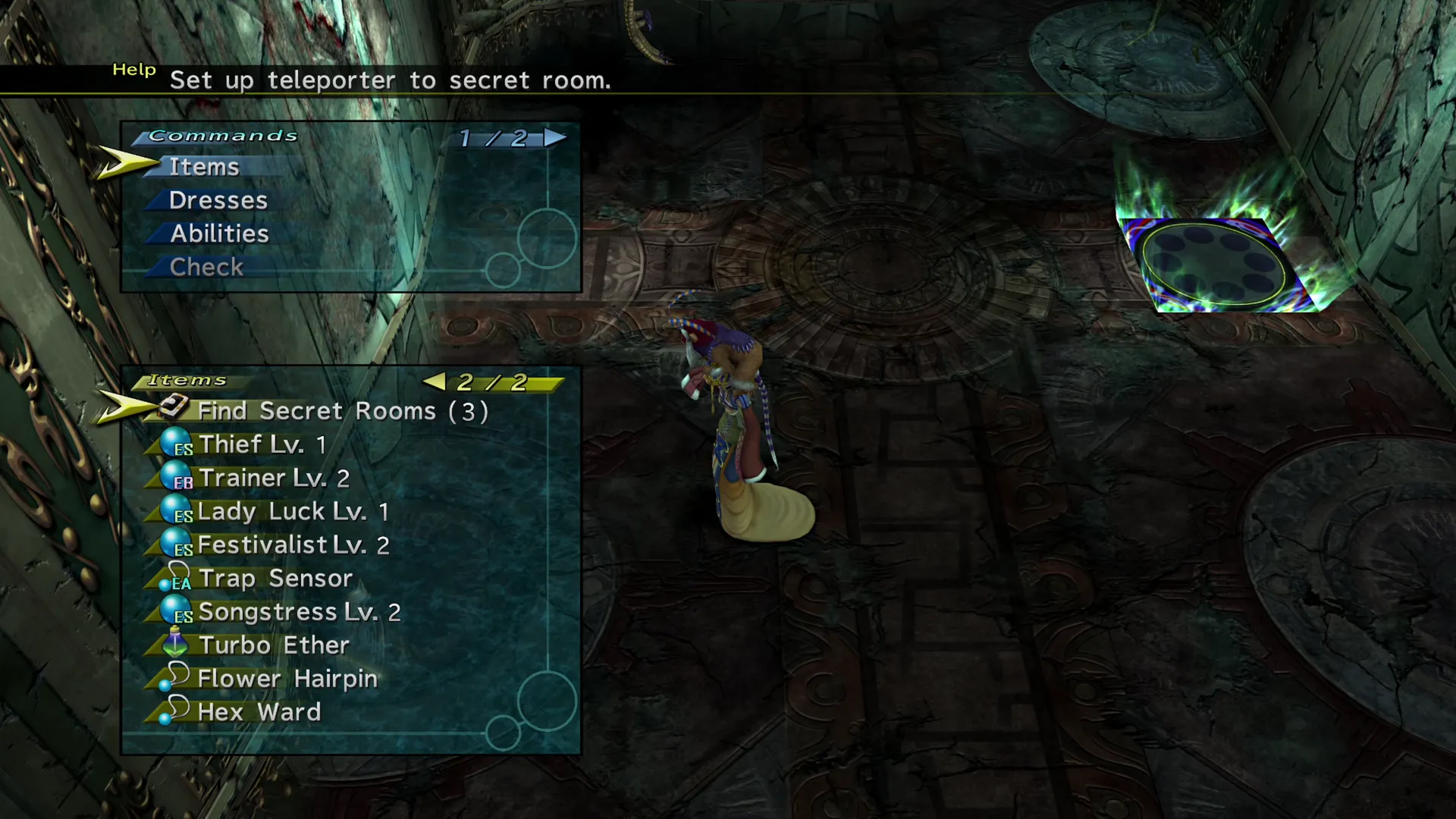 Rikku navigating the tower as a Trainer and highlighting a “Find Secret Rooms” Folio