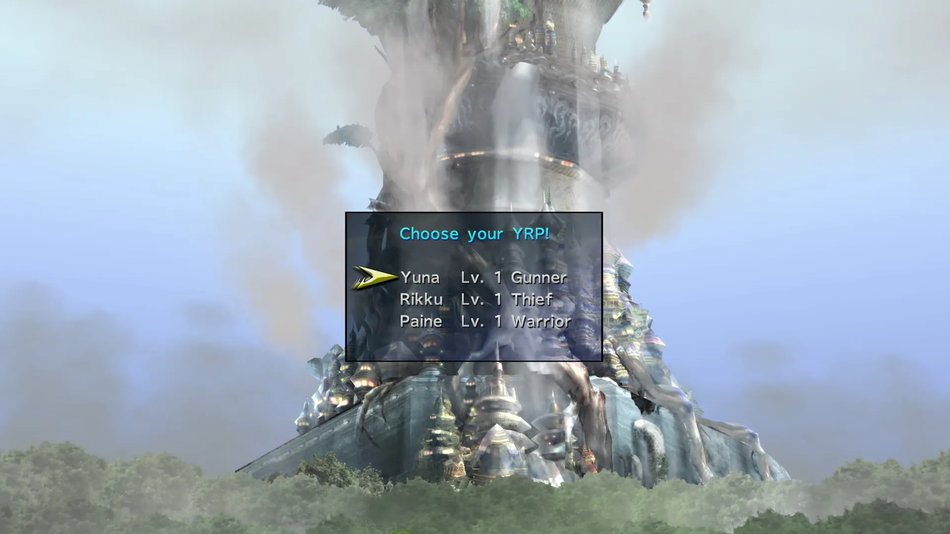 Selecting whether Yuna, Rikku, or Paine will be climbing Iutcycr Tower