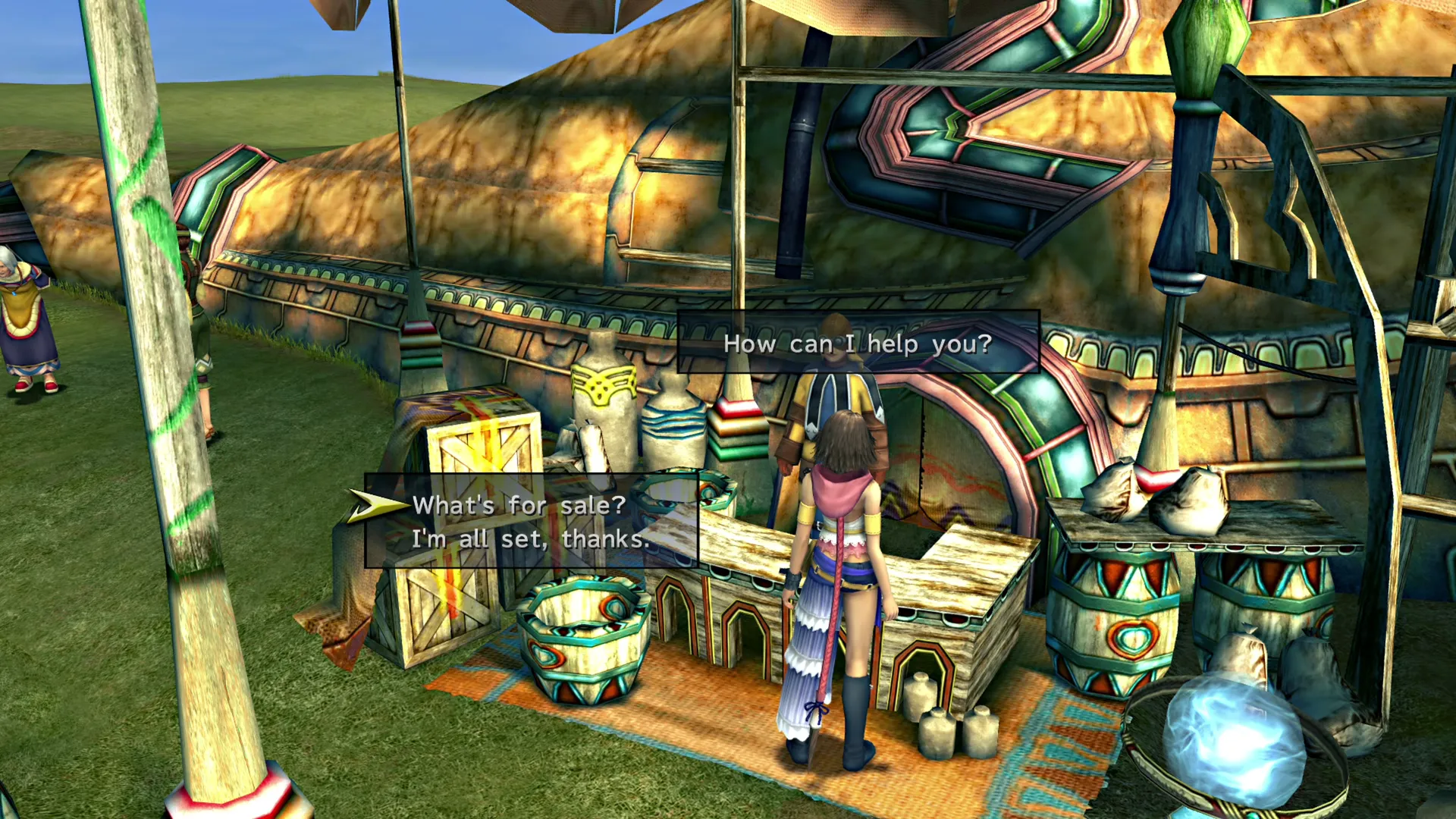 Speaking to the shopkeeper at the Travel Agency in the middle of the Calm Lands
