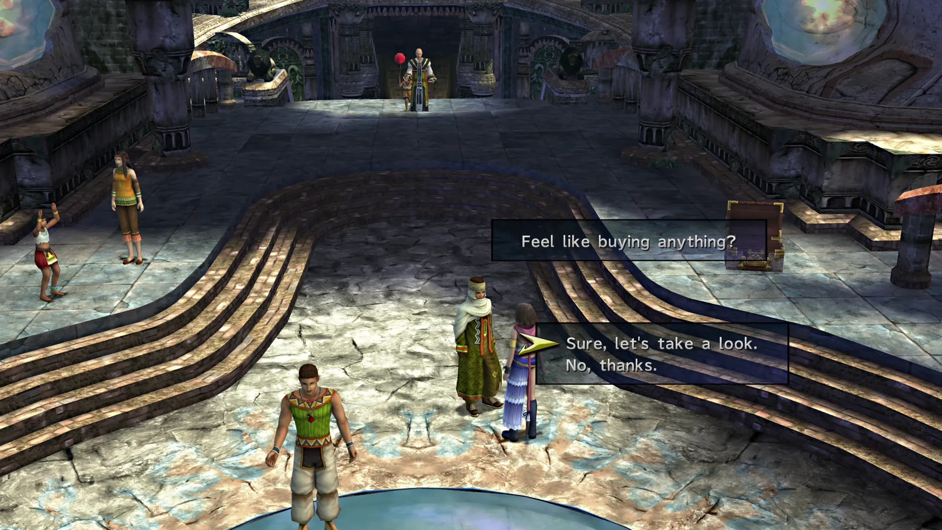 Speaking to the mobile shopkeeper outside Kilika Temple