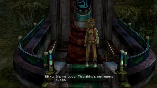 Rikku pointing out that the lift up to Youth League Headquarters has been sabotaged