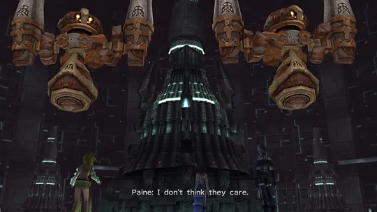 Paine pointing out that the Machina inside Bevelle Underground don’t seem to care what side they chose