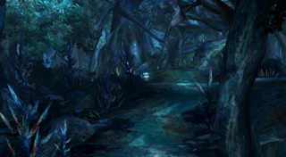 The glowing blue trees of Macalania Woods