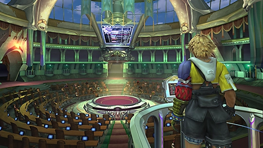 Tidus standing in the entrance to the Sphere Theater