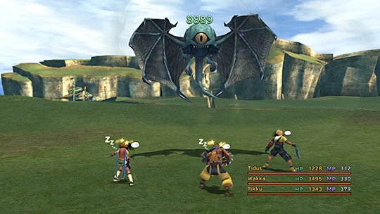 Tidus, Rikku and Wakka battling a One-Eye in the Monster Arena