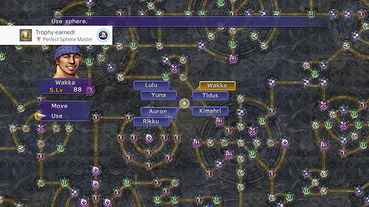 A view of the Sphere Grid for Wakka as its completed earning the Perfect Sphere Master Trophy