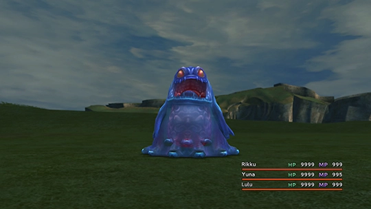 Screenshot of Water Flan in a battle at the Monster Arena