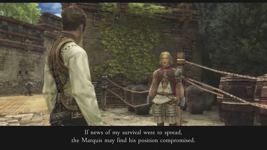 Balthier and Basch discussing the plan to increase his notoriety in Bhujerba
