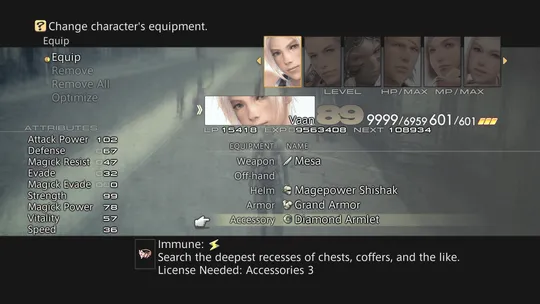 Character attributes shown on the equipment screen in Final Fantasy XII The Zodiac Age
