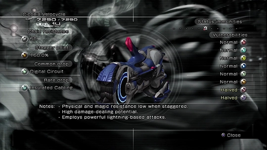 Enemy Intel entry in the Datalog for a Ciconia Velocycle