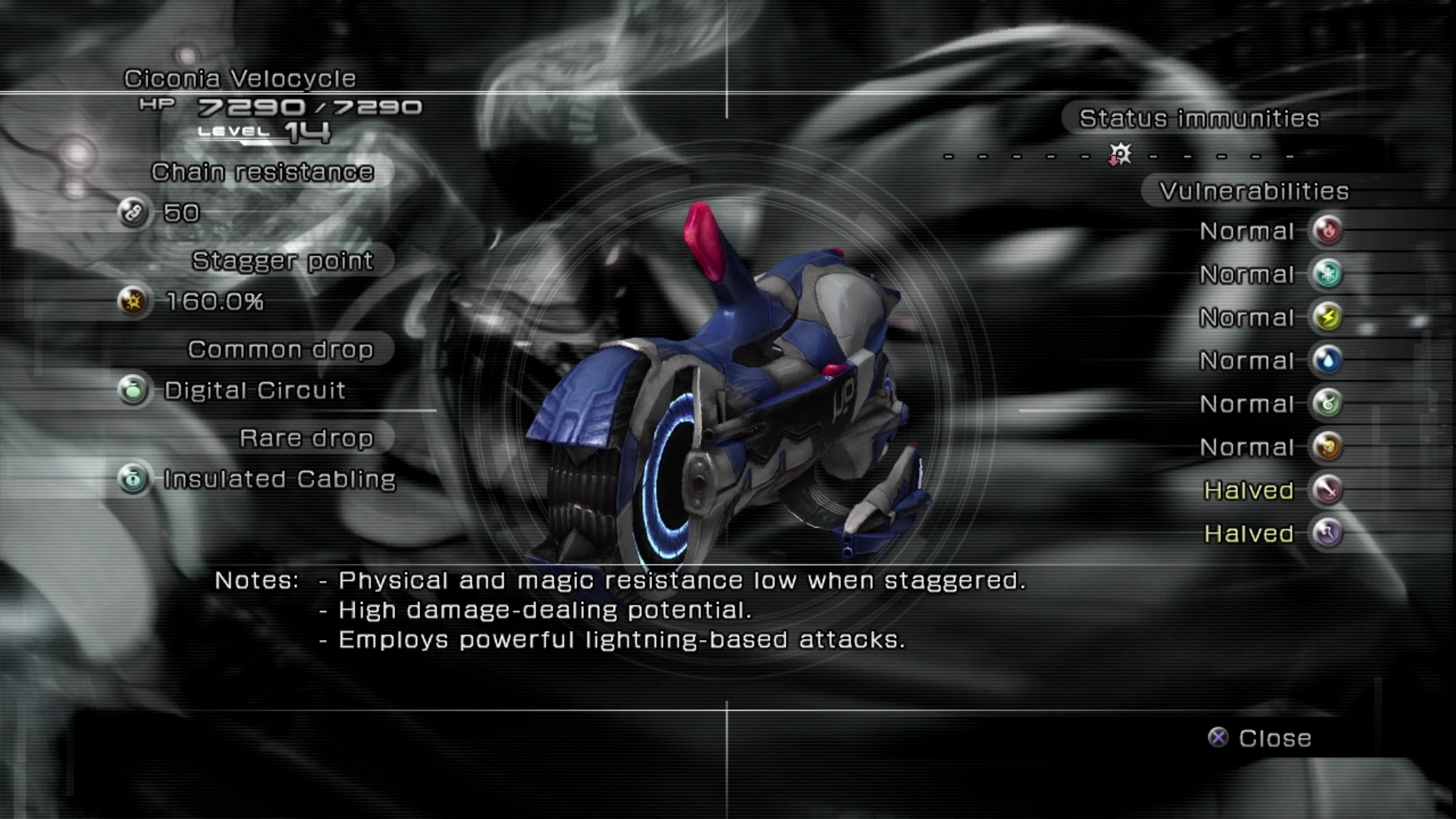 Enemy Intel entry in the Datalog for a Ciconia Velocycle