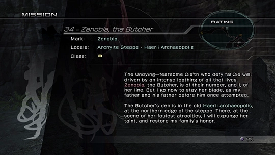 The objective overview screen for Mission 34 against Zenobia / Tonberry