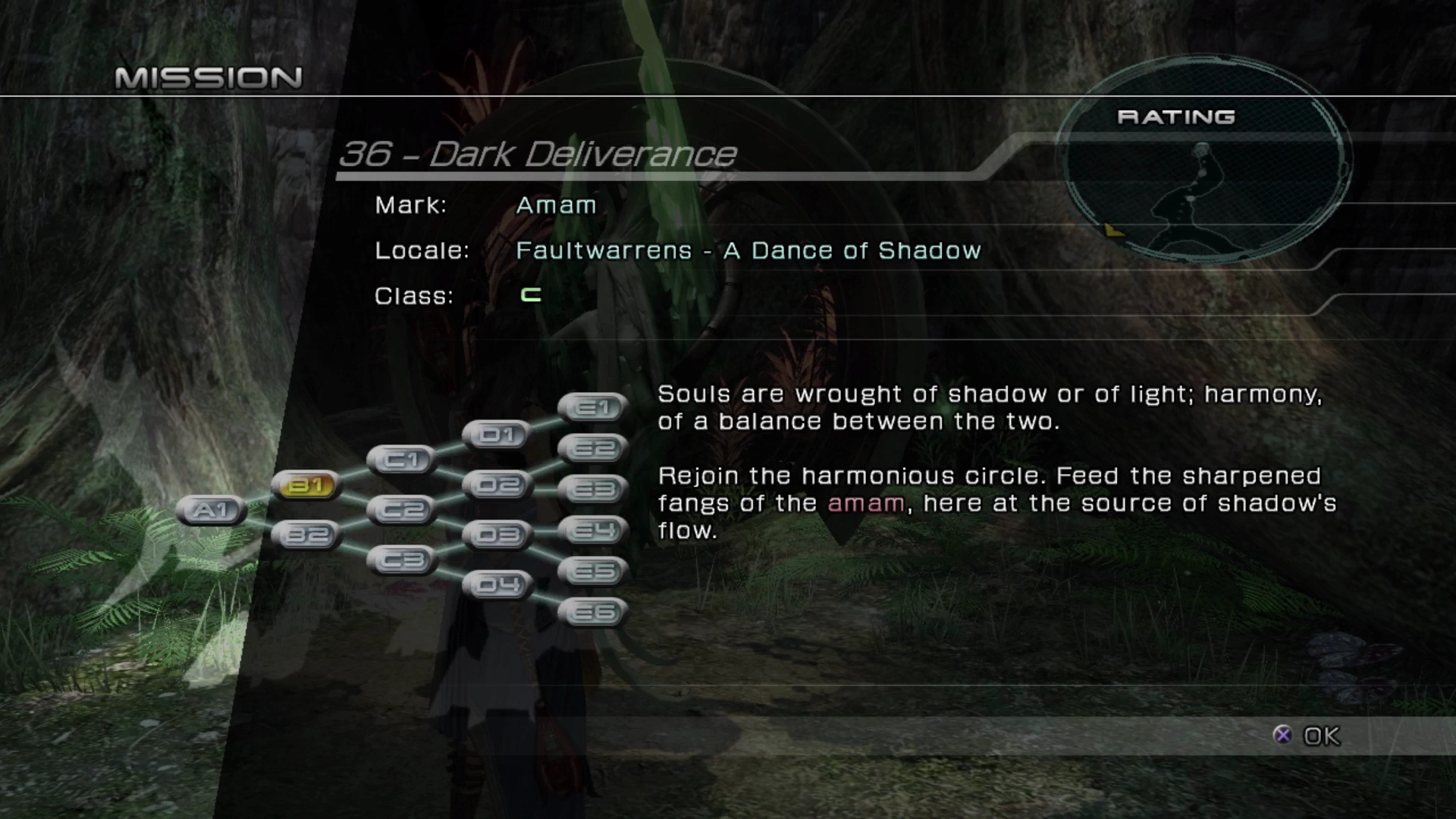 The objective overview screen for Mission 36 against Amam