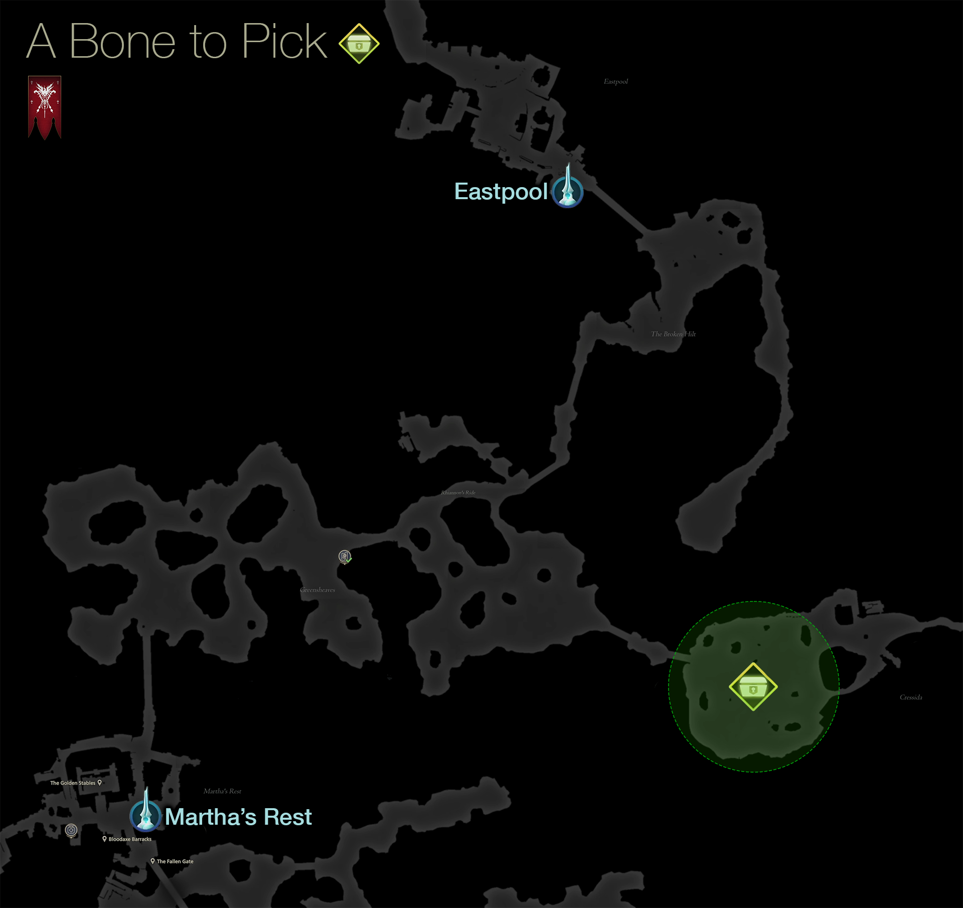 Map showing the quest objective location for A Bone to Pick