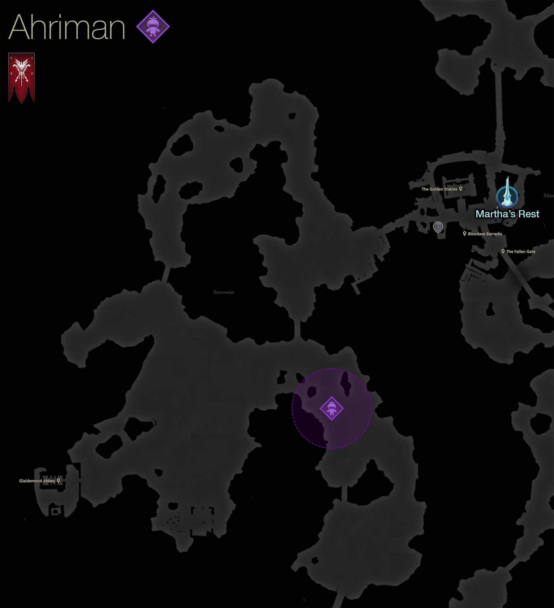 Map showing the location of the Notorious Mark, Ahriman, in the Sorrowise area of Rosaria