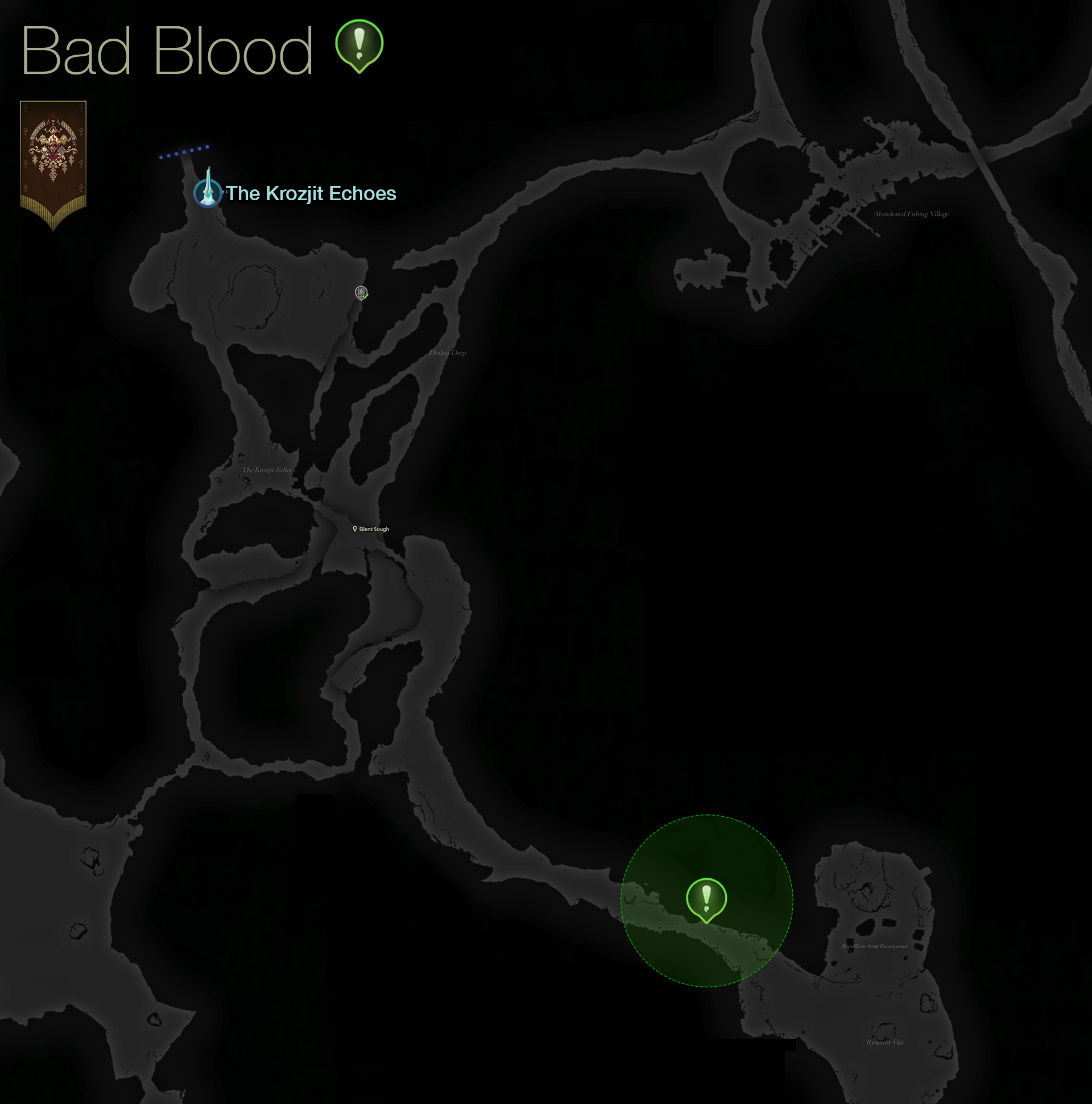 Map showing the location of the Wounded Republican Soldier who starts the Bad Blood quest in Dhalmekia