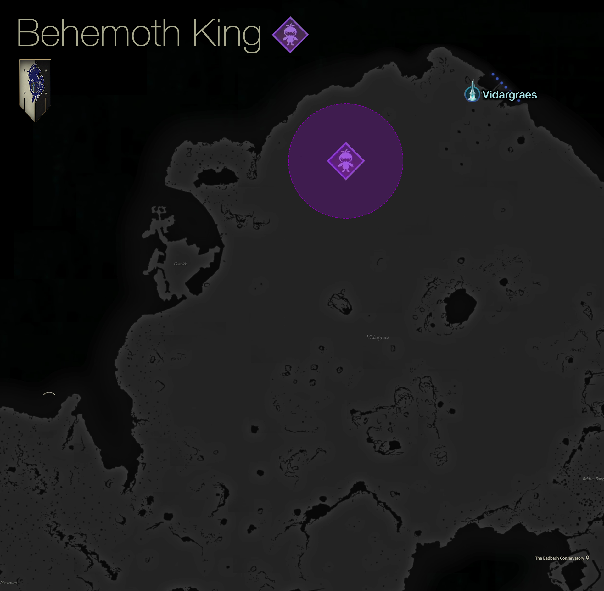 Map showing the location of the Notorious Mark, Behemoth King, in the Vidargraes area of Waloed