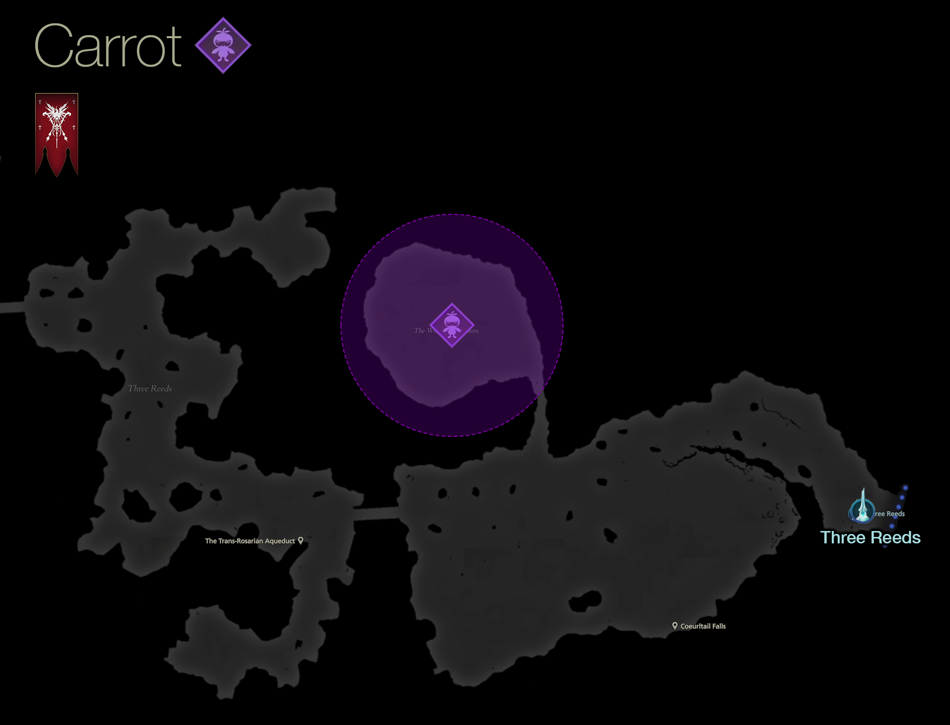 Map showing the location of the Notorious Mark, Carrot, in the Whispering Waters area of Rosaria