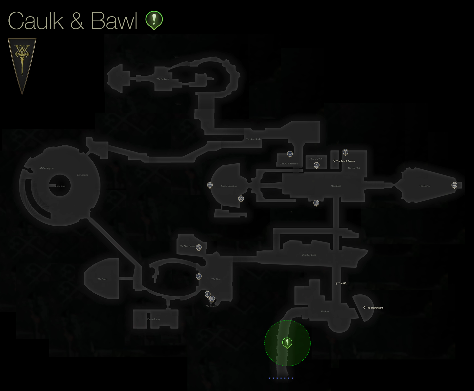 Map showing the location of Obolus, the ferryman, near the docks of the Hideaway