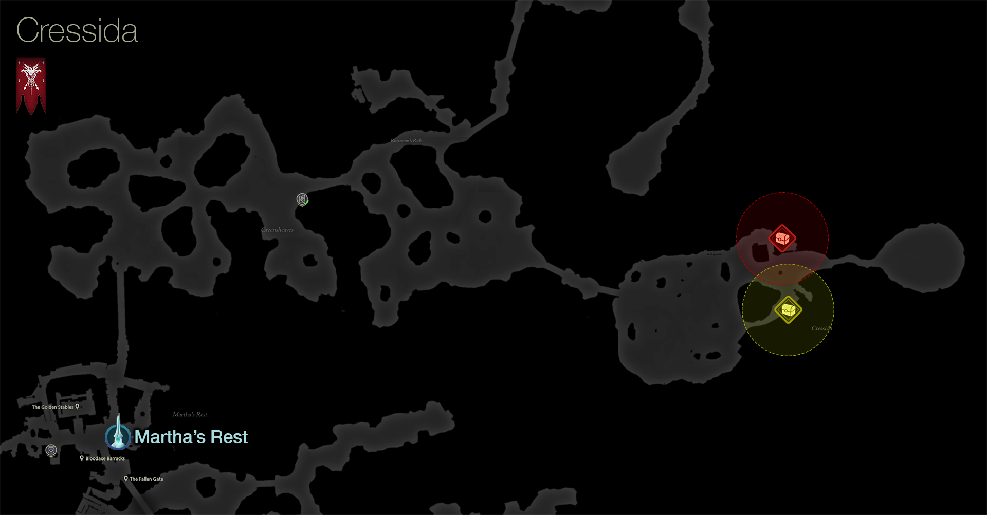 Map showing the location of the treasure coffers in Cressida area of Rosaria