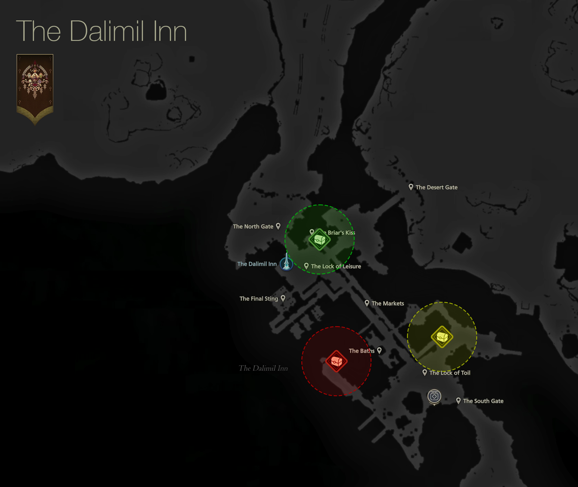 Map showing the location of the treasure coffers in Dalimil in Dhalmekia