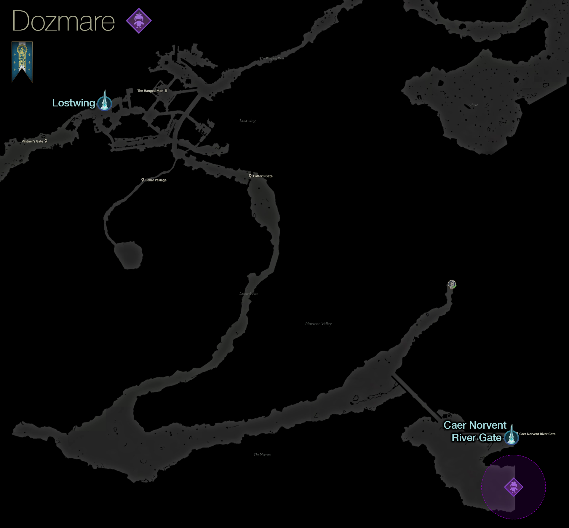Map showing the location of the Notorious Mark, Dozmare, in the Norvent Valley area of Sanbreque