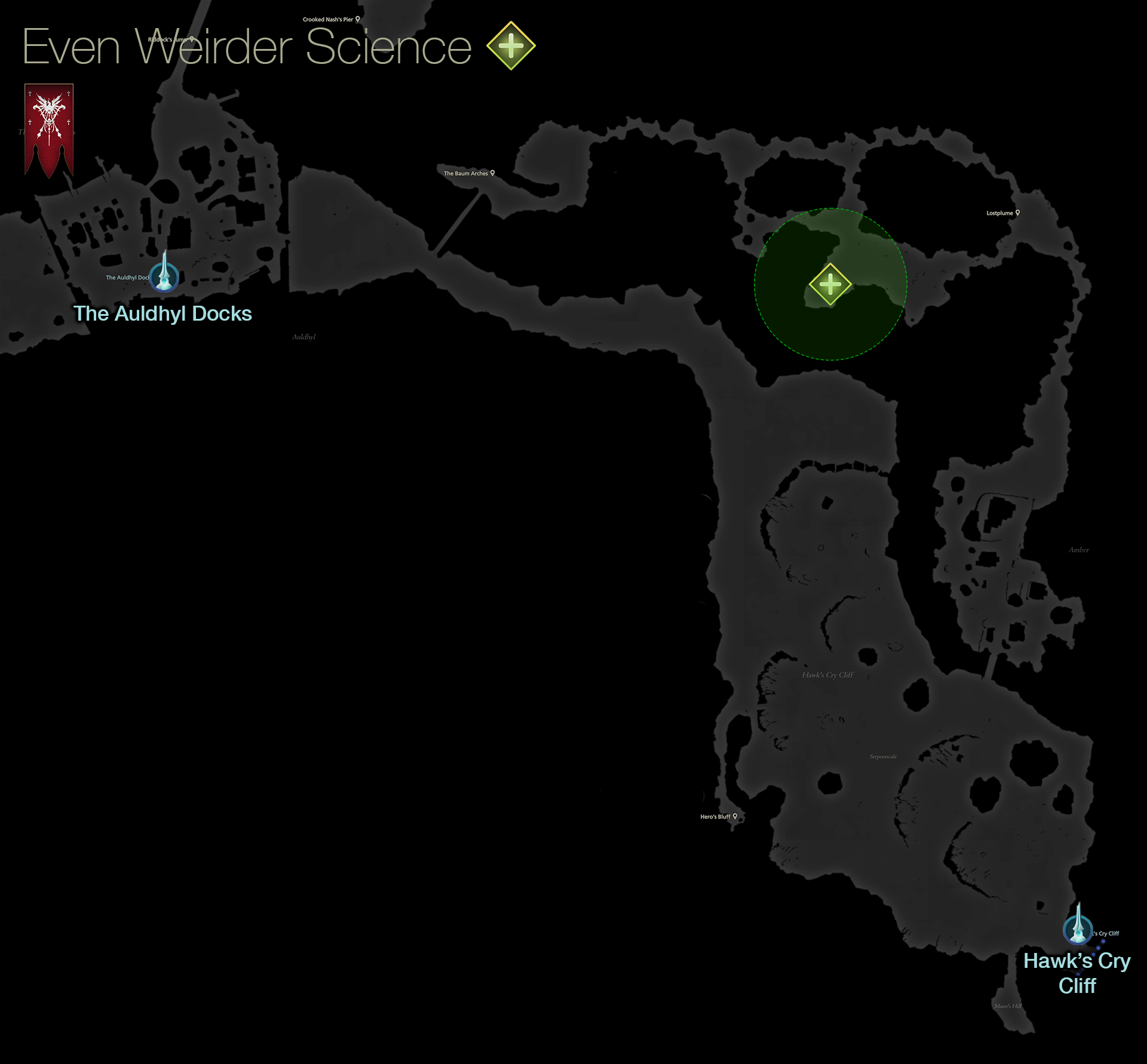Map showing the location of the Spherical Echoes in Lostplume in Rosaria