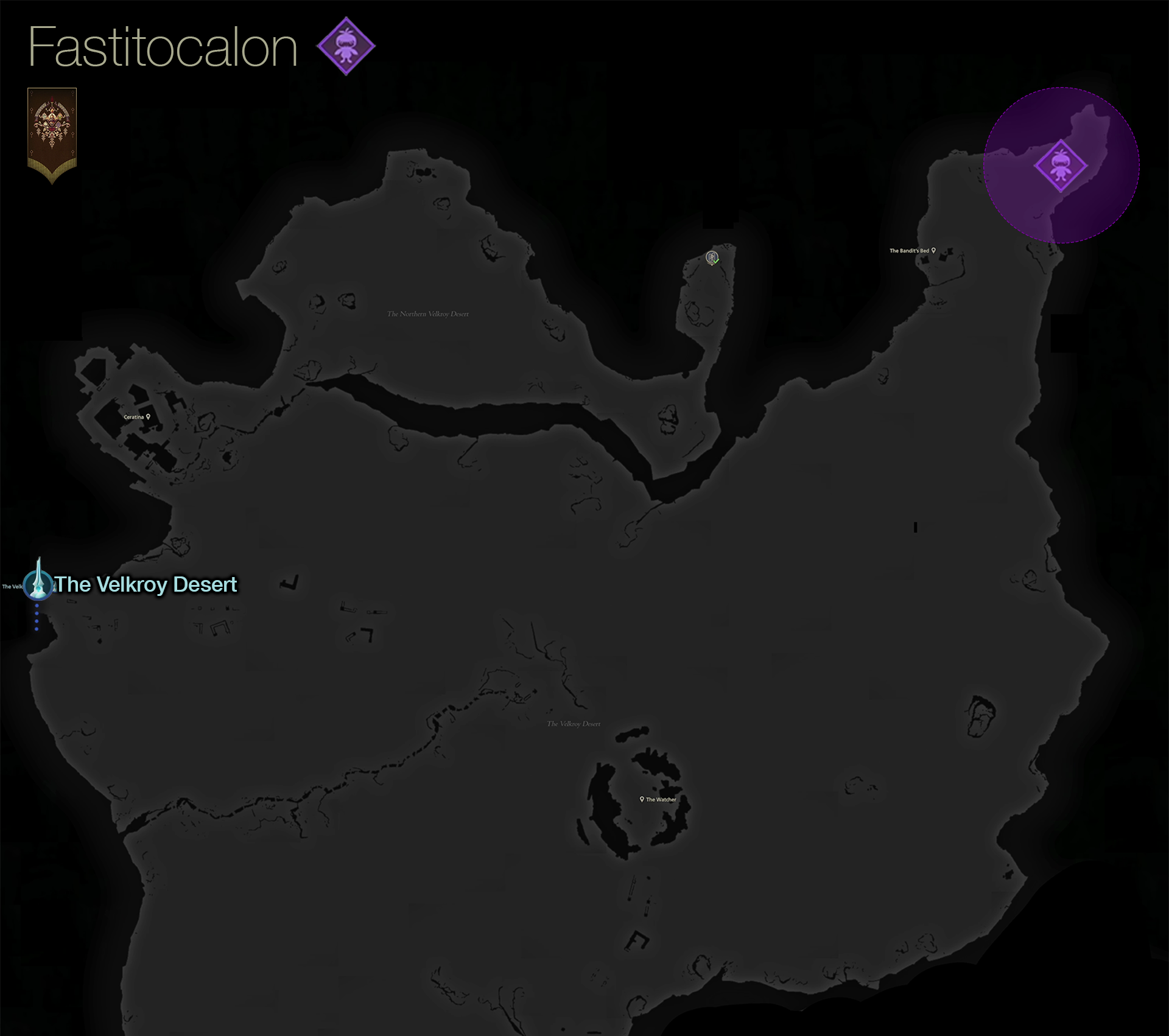 Map showing the location of the Notorious Mark, Fastitocalon, in the northern Velkroy Desert area of Dhalmekia