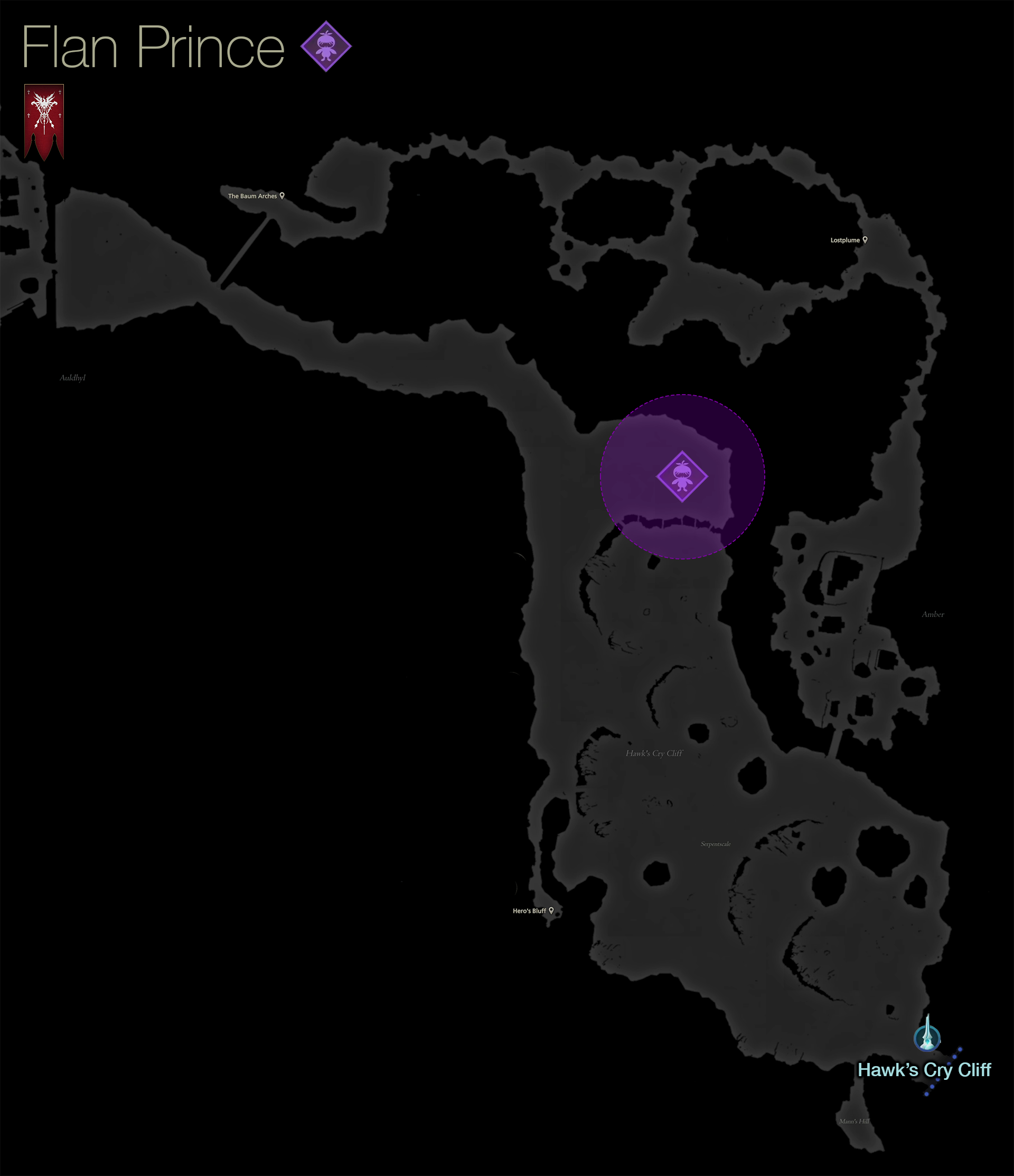 Map showing the location of the Notorious Mark, Flan Prince, in the area east of Auldhyl in Rosaria