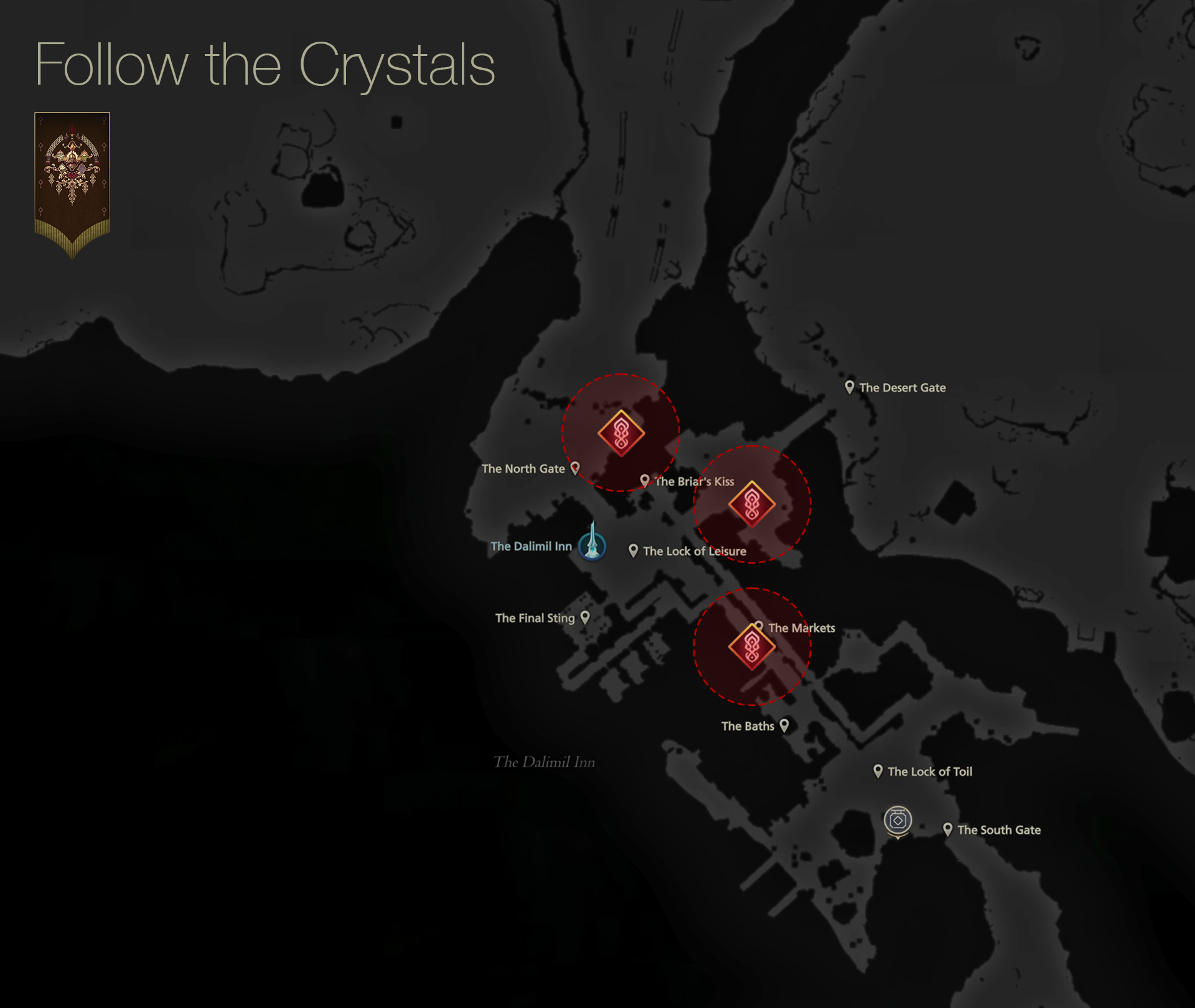 Map showing the location of the quest objectives for the Follow the Crystals main scenario subquest