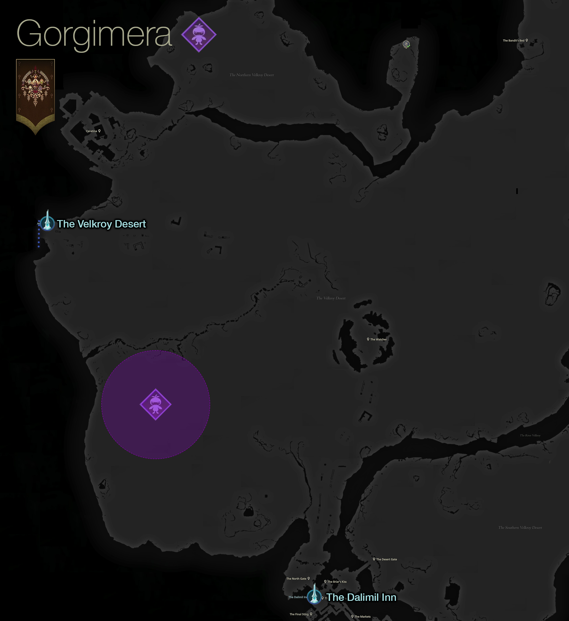 Map showing the location of the Notorious Mark, Gorgimera, in the western area of the Velkroy Desert