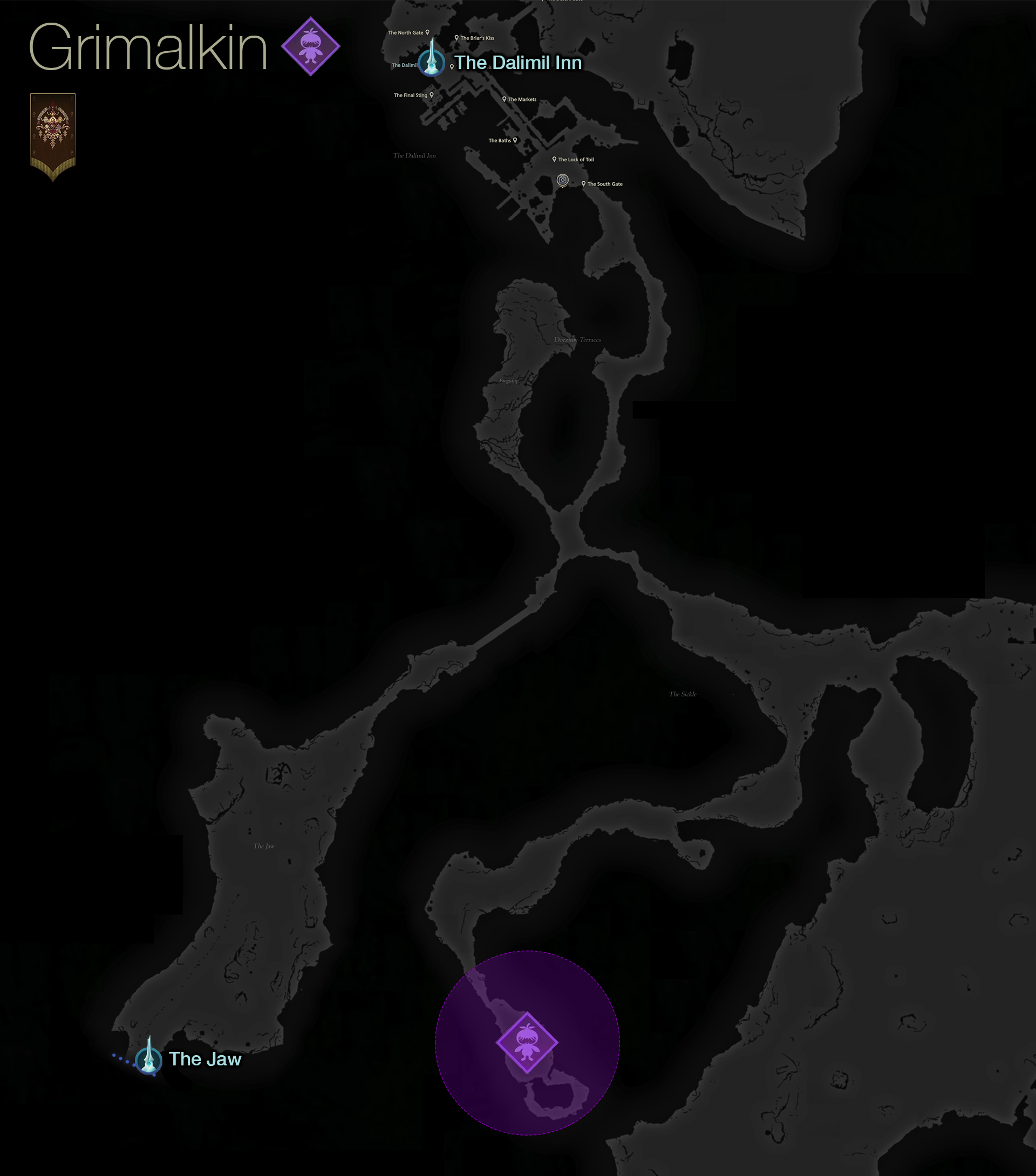 Map showing the location of the Notorious Mark, Grimalkin, in the Sickle area of Dhalmekia