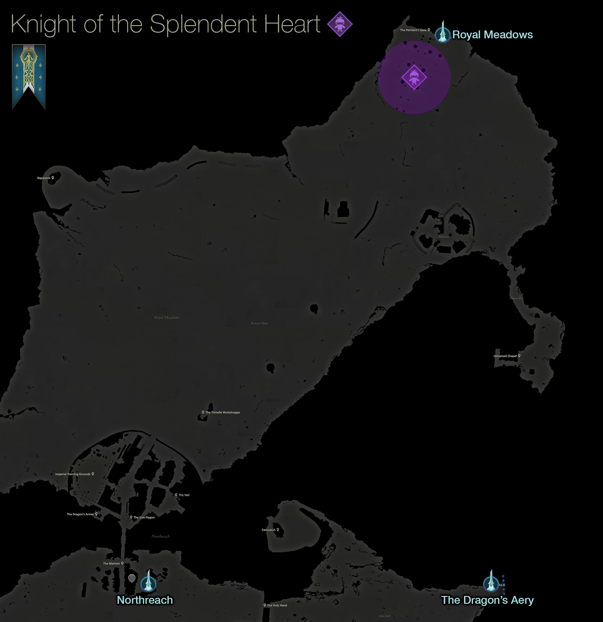 Map showing the location of the Notorious Mark, Knight of the Splendent Heart, in the northeastern area of the Royal Meadows in Sanbreque