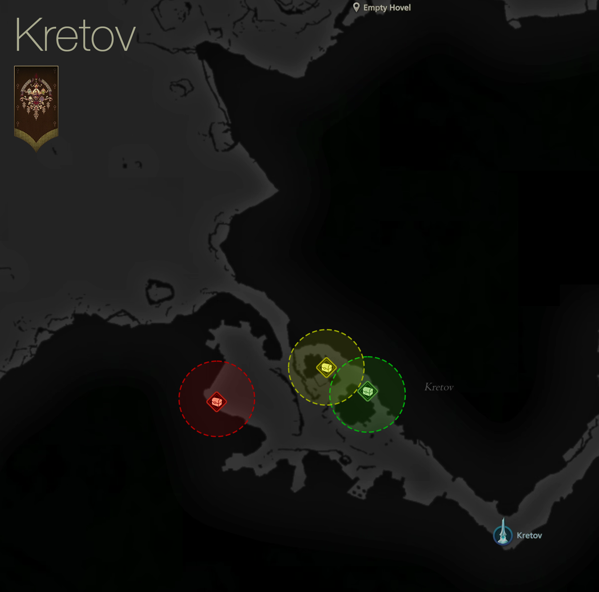 Map showing the location of the treasure coffers in Kretov