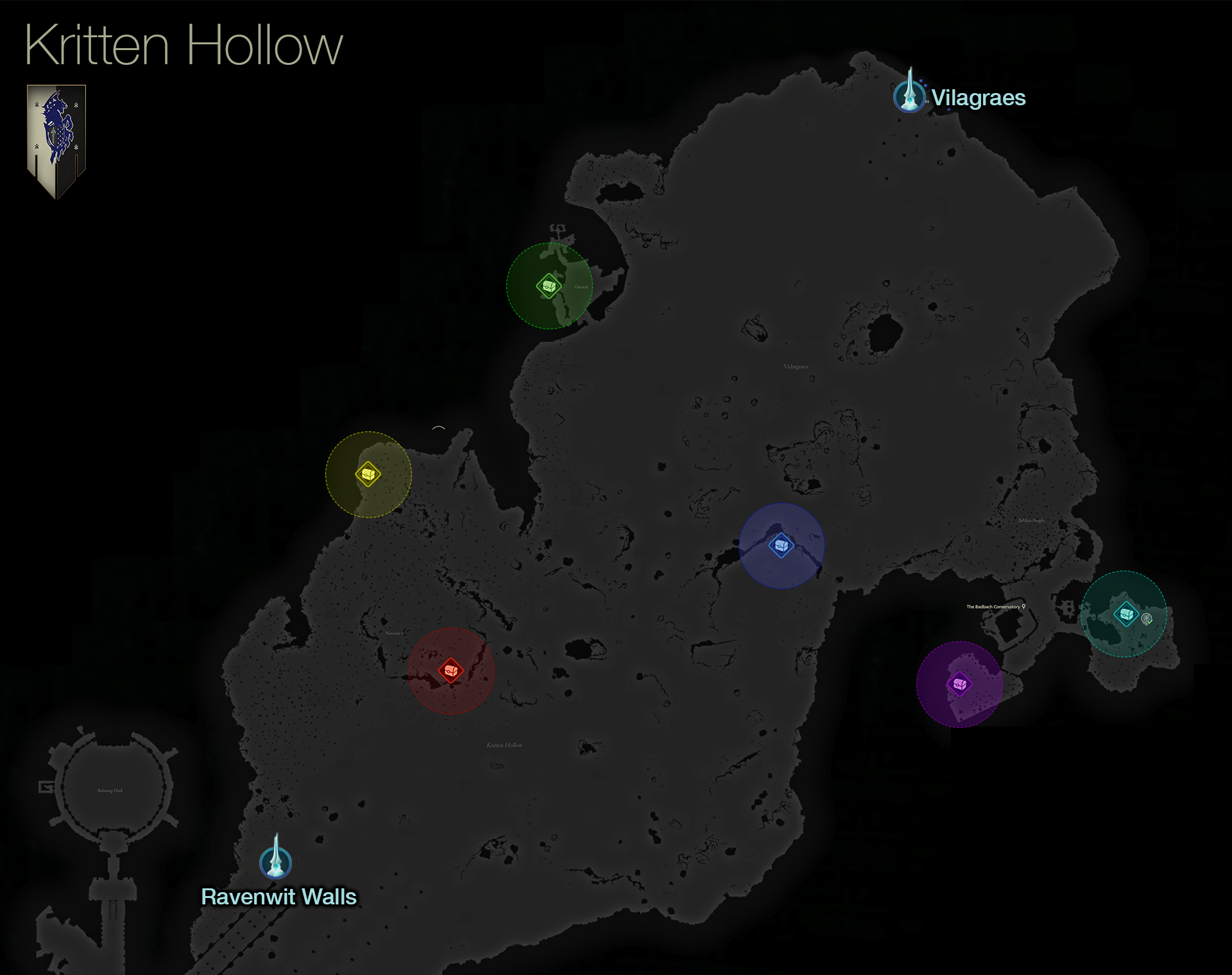 Map showing the location of the treasure coffers in the Kritten Hollow area of Waloed
