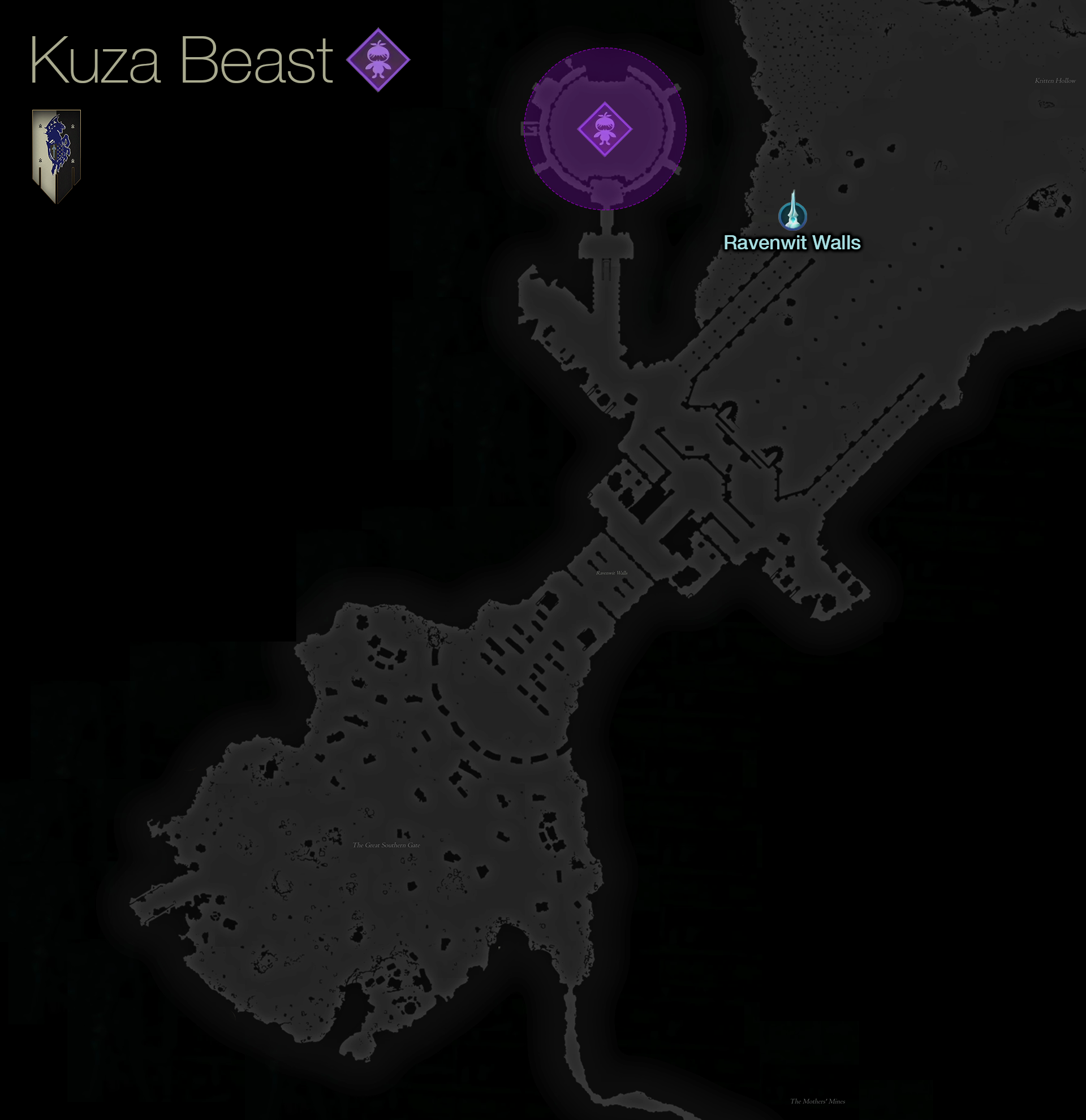 Map showing the location of the Notorious Mark, Kuza Beast, in the Balmung Dark area of Waloed