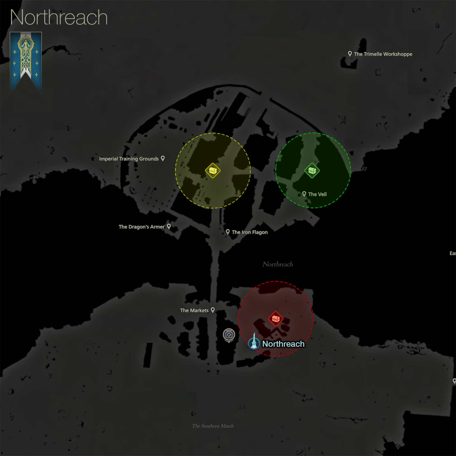 Map showing the location of the treasure coffers in Northreach