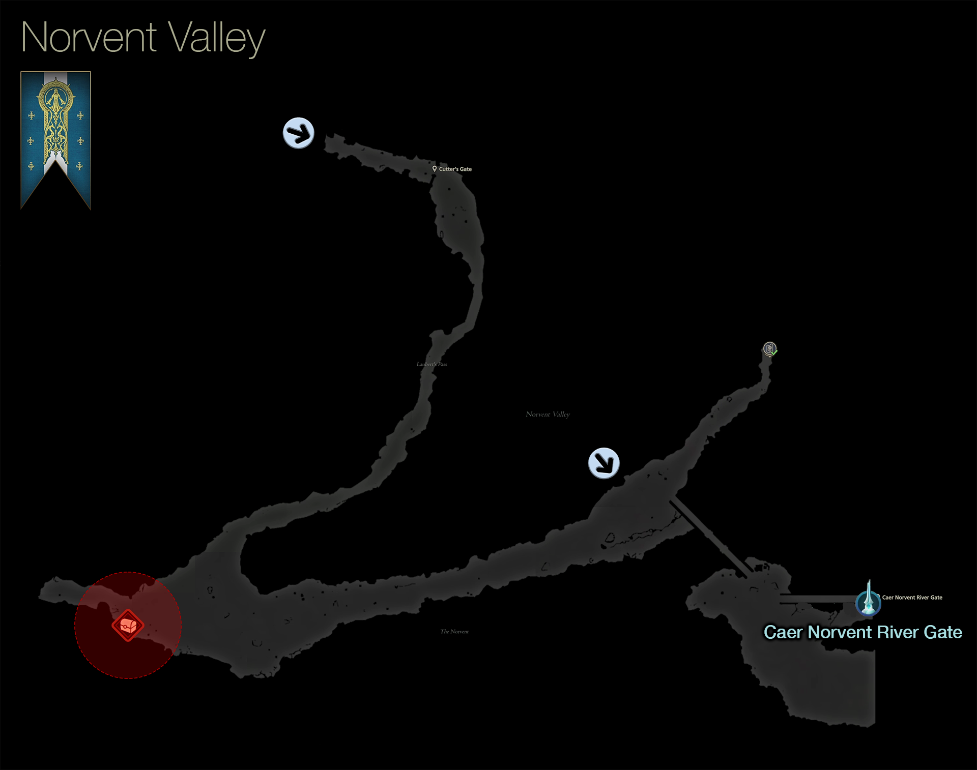 Map showing the location of the treasure coffers in the Norvent Valley