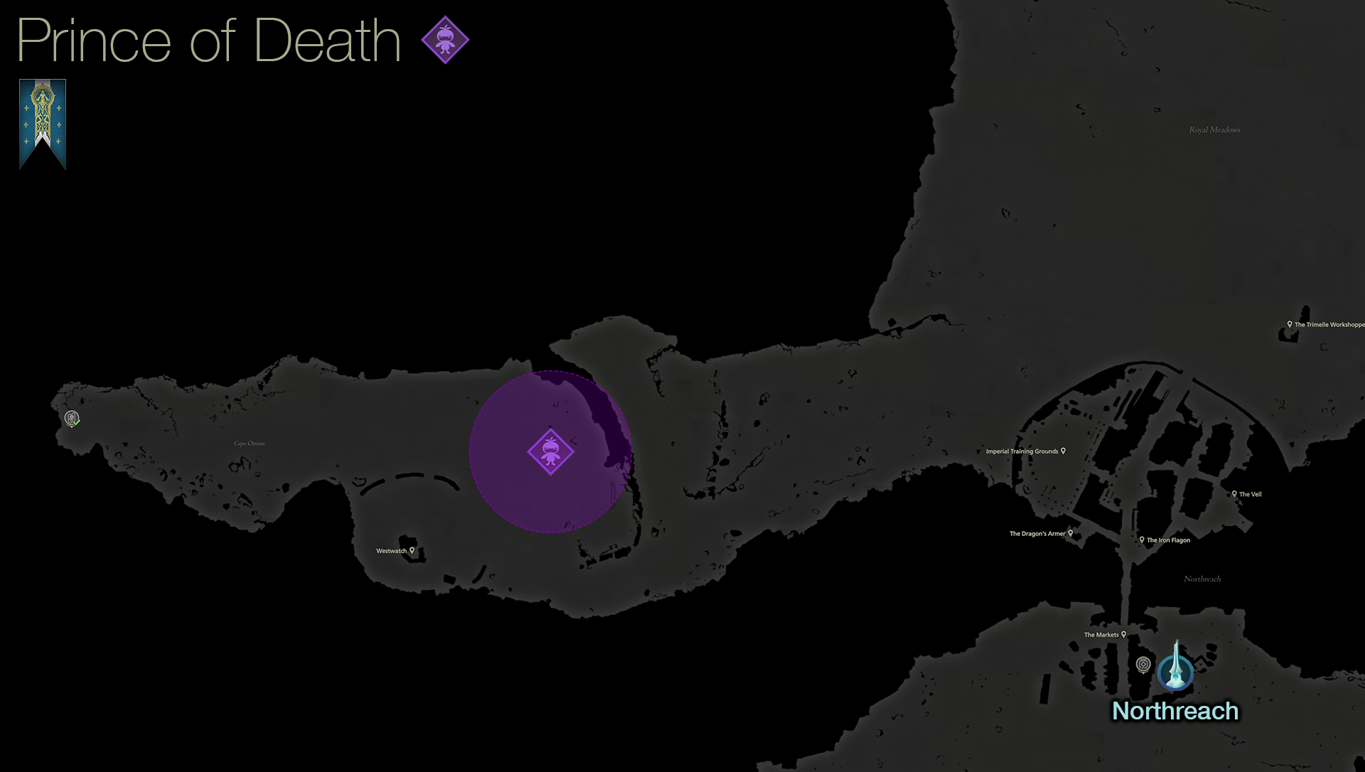 Map showing the location of the Notorious Mark, Prince of Death, in the Royal Meadows area of Sanbreque